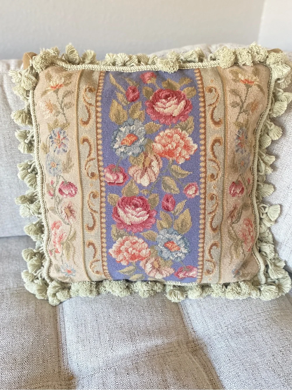 Peking Handicraft Floral Needlepoint Throw Pillow 18x18 Down Feather Tassel Trim
